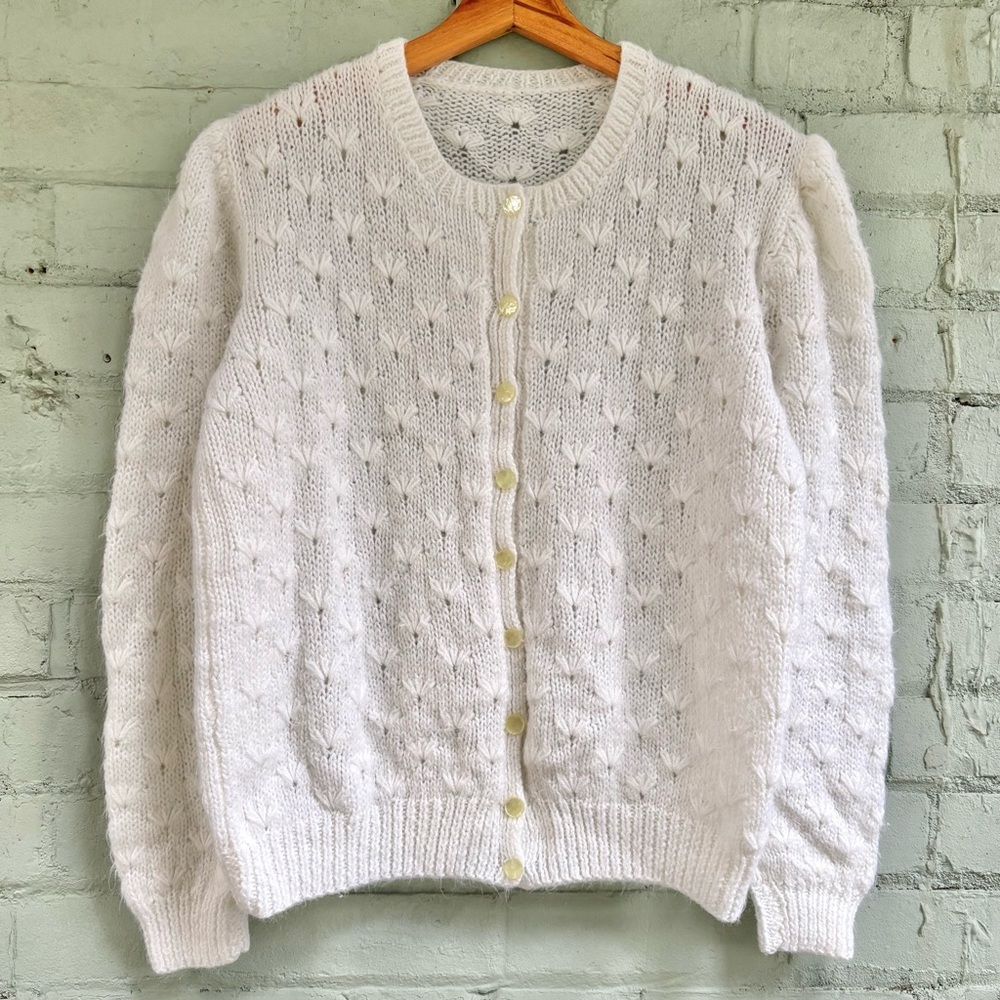Vintage Cream Pointelle Knit Cardigan Sweater - Picture 3 of 8